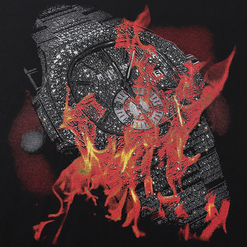 Hip Hop Mens Streetwear Washed T-shirt Cotton Burning Watch Fire Flame T-shirt Harajuku Autumn Long Sleeve Loose Tops Tees 201202