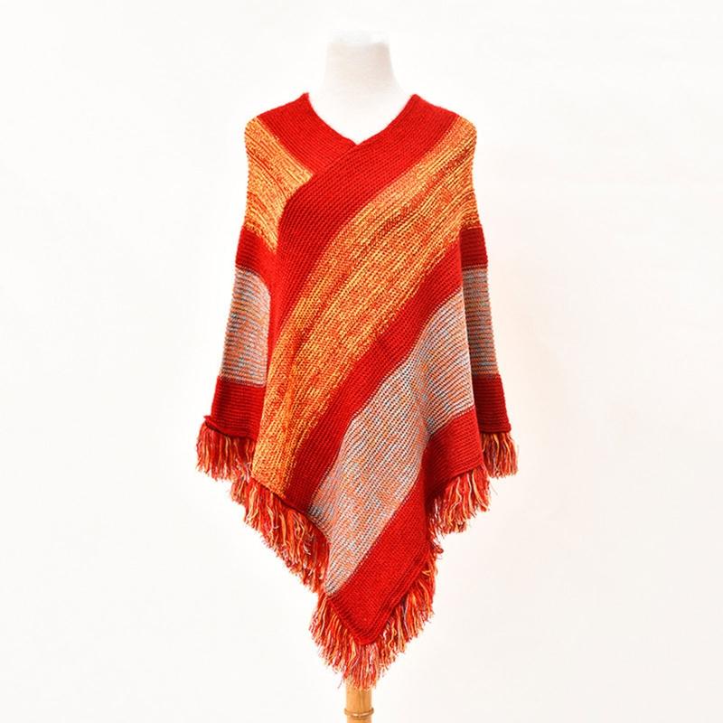 Women Ethnic Knitted Poncho Cape Color Block Striped Tassels Pullover Sweater V-Neck Winter Warm Shawl Wrap Top 
Women Ethnic Knitted Poncho Cape Color Block Striped Tassels Pullover Sweater V-Neck Winter Warm Shawl Wrap Top