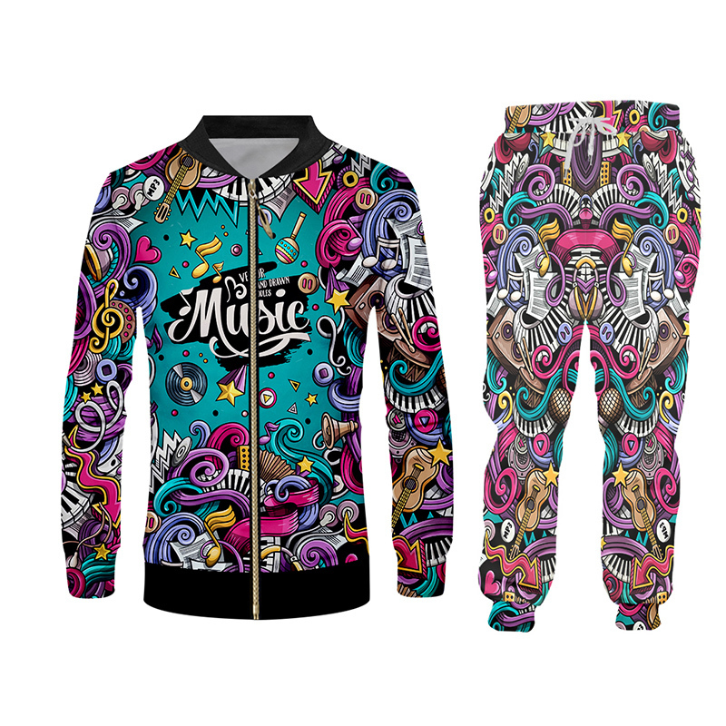 UJWI 3D Print Men 2 piece set Music Note instrument Party Hip Hop jogger Tracksuit Jacket Sweatsuit Sweatshirt Hoodies sports 201130