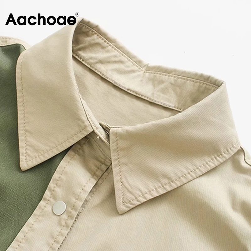 Aachoae Autumn Women Shirt Jakcet Coat Boyfriend Patchwork Jacket Loose Long Sleeve Cotton Coat Ladies Streetwear Tops 201112