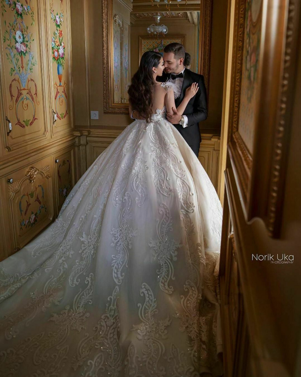 Feather Wedding Dresses Bridal Gowns Lace Country Appliqued Beads Sheer Jewel Neck cathedral train Wedding Dress Robe De Mariee