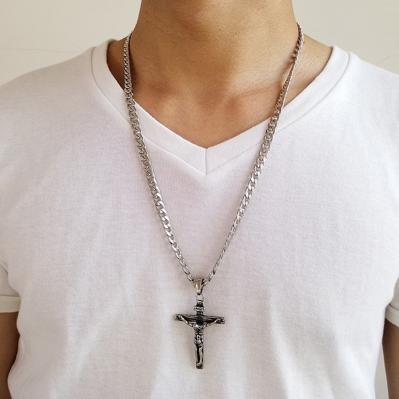 Vnox Crucifix Jesus Cross Necklace for Men Stainless Steel Cuban Chain 20"-24" Male Prayer Jewelry 201014