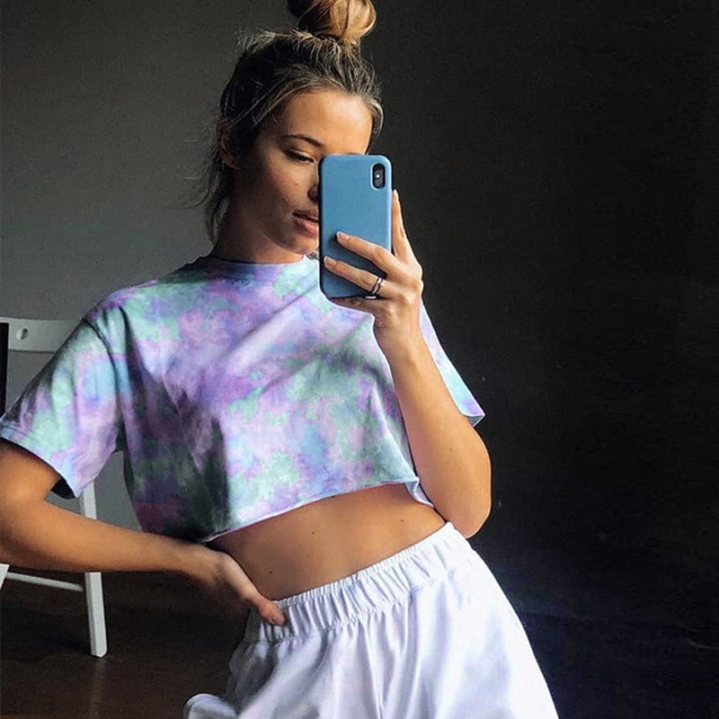 Tie Dye Oversized Cropped T shirt Women Summer Short Sleeve Casual Loose Cotton Crop Top T-shirts Hip Hop Streetwear Tops T200614