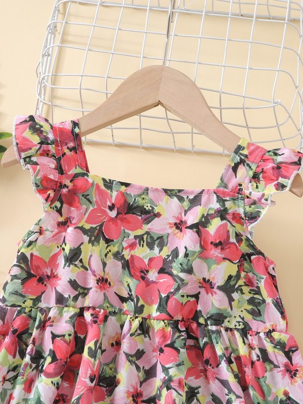 Toddler Girls Floral Print Ruffle Cuff Square Neck Dress SHE