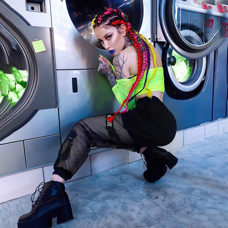 Black Gothic Streetwear Pants Casual Fishnet Mesh Patchwork Baggy Pants Women Summer Elastic Igh Waist Trousers T200606