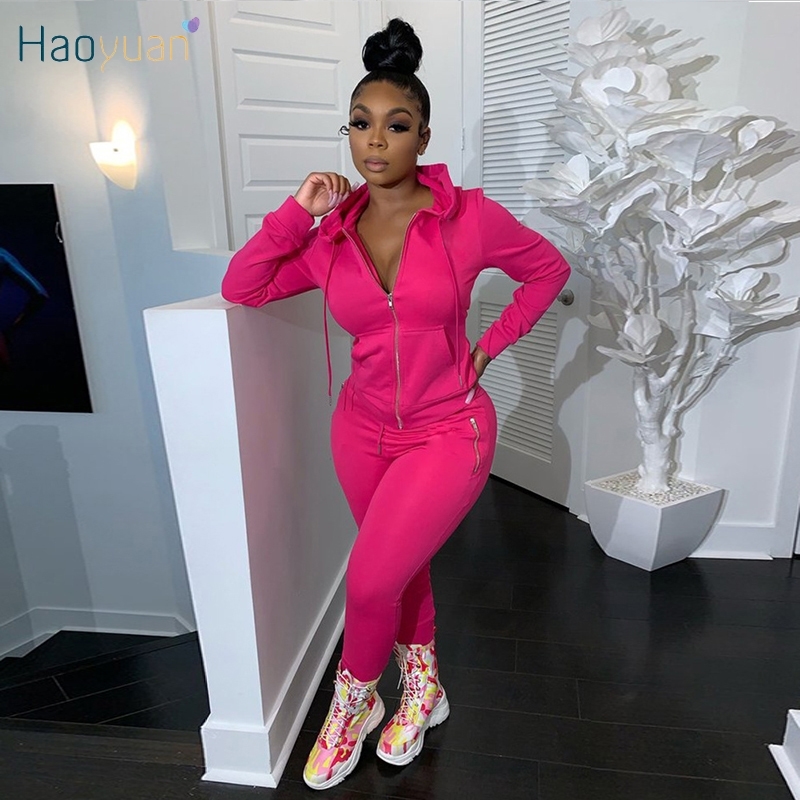 HAOYUAN Sexy Two Piece Set Jumpsuit Long Sleeve Hoodies Top+Zip Pocket Pants Suit Tracksuit Fall Women Clothing Matching Outfits 201007