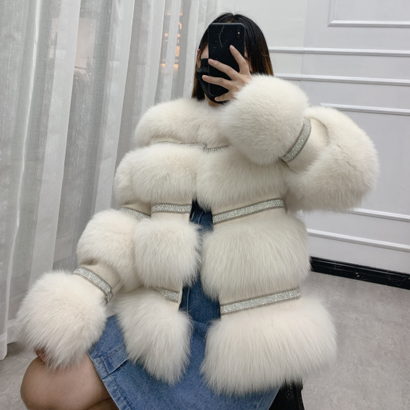 BFFUR Winter New Real Fur Coat Women Genuine Fur Jacket Splicing Cashmere Woolen Fur Coats With Crystal Diamonds 201016