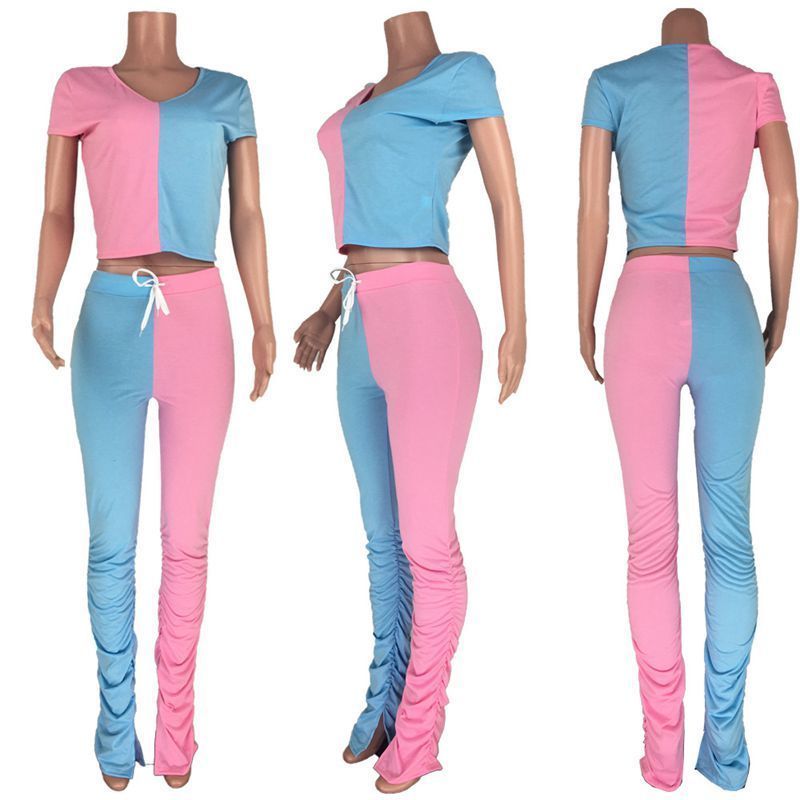 HAOYUAN Splice Two Piece Set Summer Outfits for Women Tracksuit Crop Top and Stacked Pant Lounge Wear Matching Sets Sweat Suits T200603