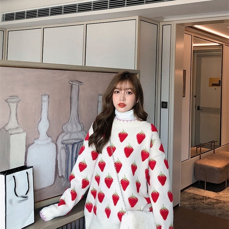 Spring Winter Sweet Lolita Cute Pink Cartoon Strawberry Peach Snowflake Knit Women Casual Pullover loose Sweater Long Style Top 201023