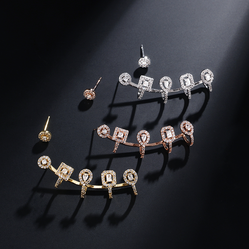 Punk Style AAA Cubic Zirconia Rose Gold White Geometric Ear Bone Cuff Earring Bijoux Womens Iced Out Earrings Studs Jewelry Gifts for Girls