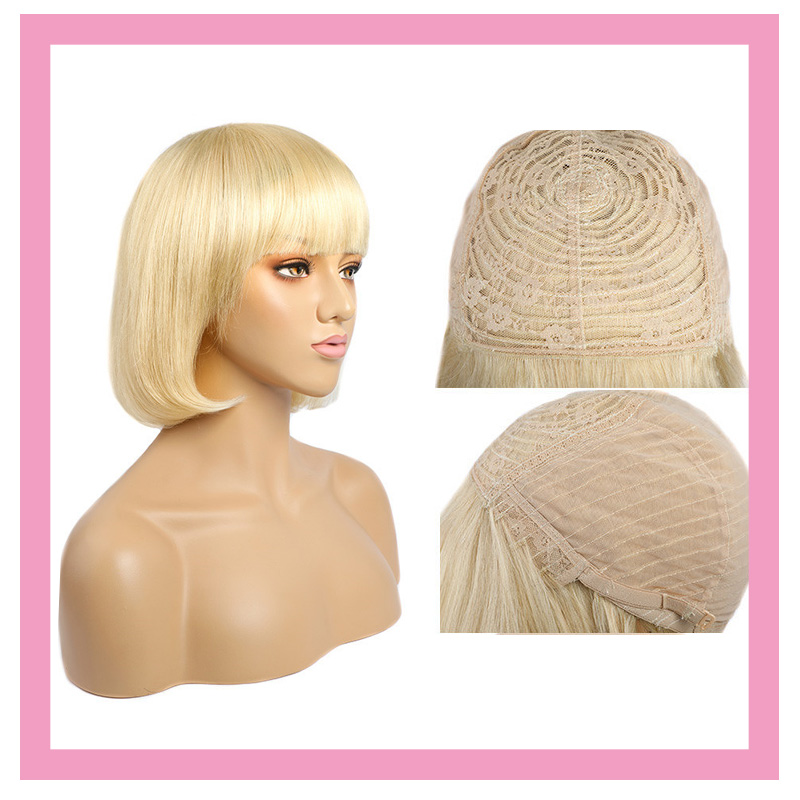 Full-Machine 613# Bob Wig Peruvian Virgin Human Hair Straight Blonde Color 10-16inch Bob Wig Bangs Blonde Light Color