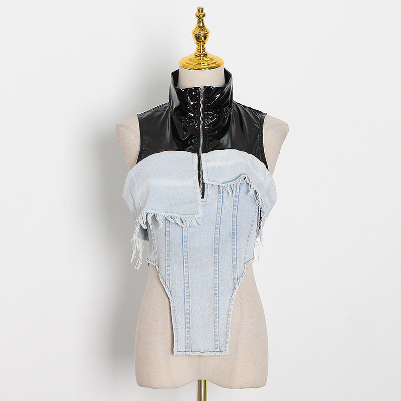 TWOTWINSTYLE Hit Color Patchwork Denim Tops For Women Stand Sleeveless Tassel Slim Short Streetwear Coats Female Summer 201023