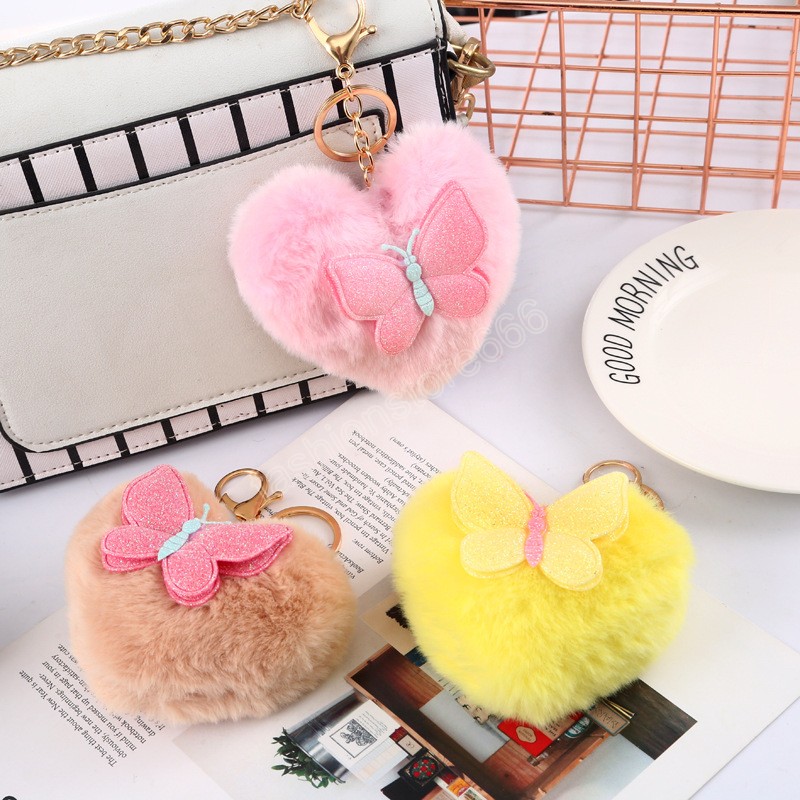 Heart Shape Hair Ball Key rings Plush Pompom Car Keychain for Women Bag Ornaments Cute Butterfly Key Chain Holder
