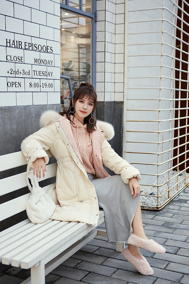 Winter Fur Collar White Duck Down Jacket Long Section Tie Waist Coat White black green LJ201127