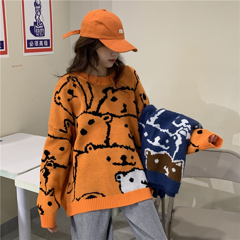 Autumn Fashion New Sweater Women Bear Pattern Round Collar Long Sleeve Pullover Kawaii Loose Casual Streetwear Tops 201111
