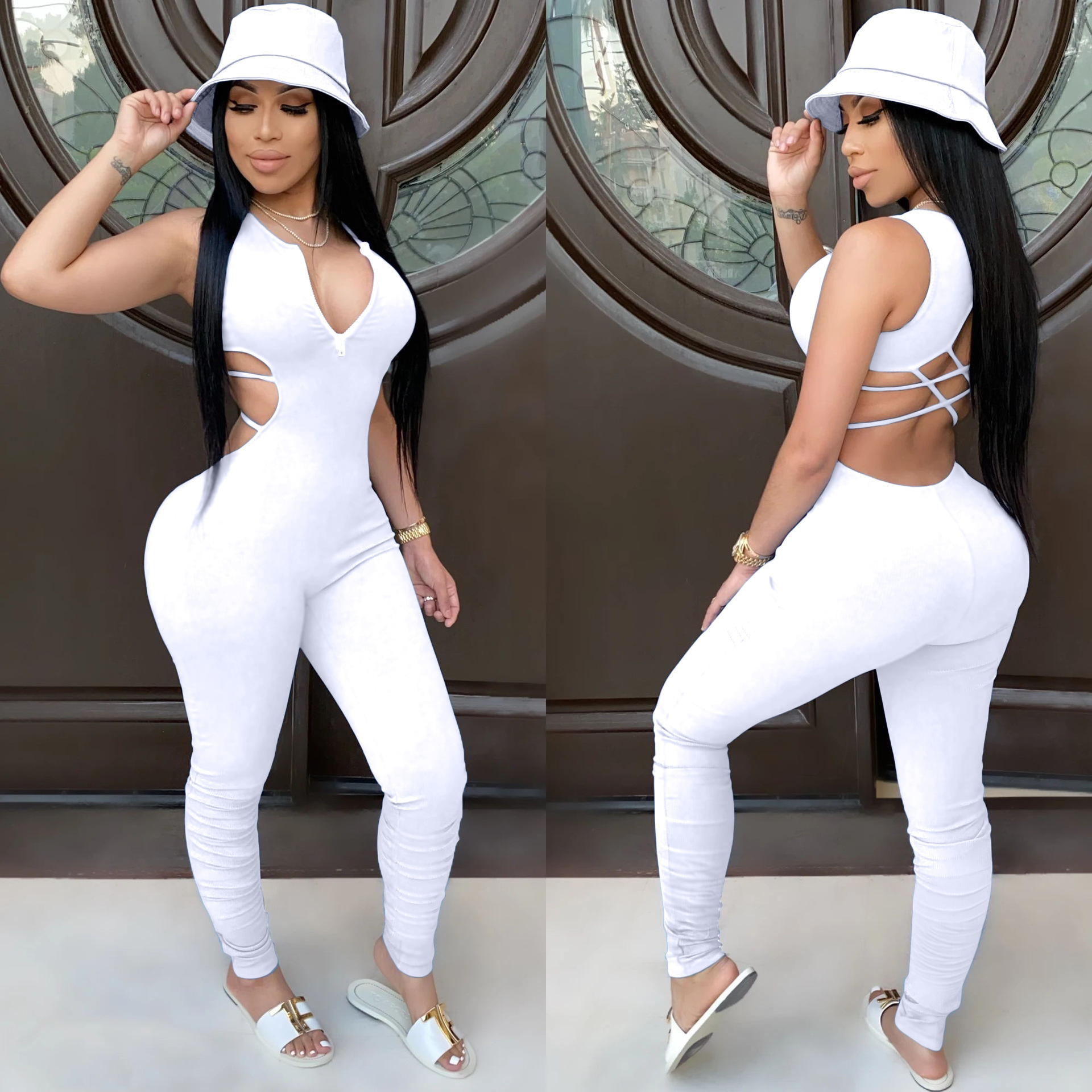 Women Designers Clothes 2023 fashion halter jumpsuits rompers sexy zipper strap backless pleated womens jumpsuit bodysuitv-neck