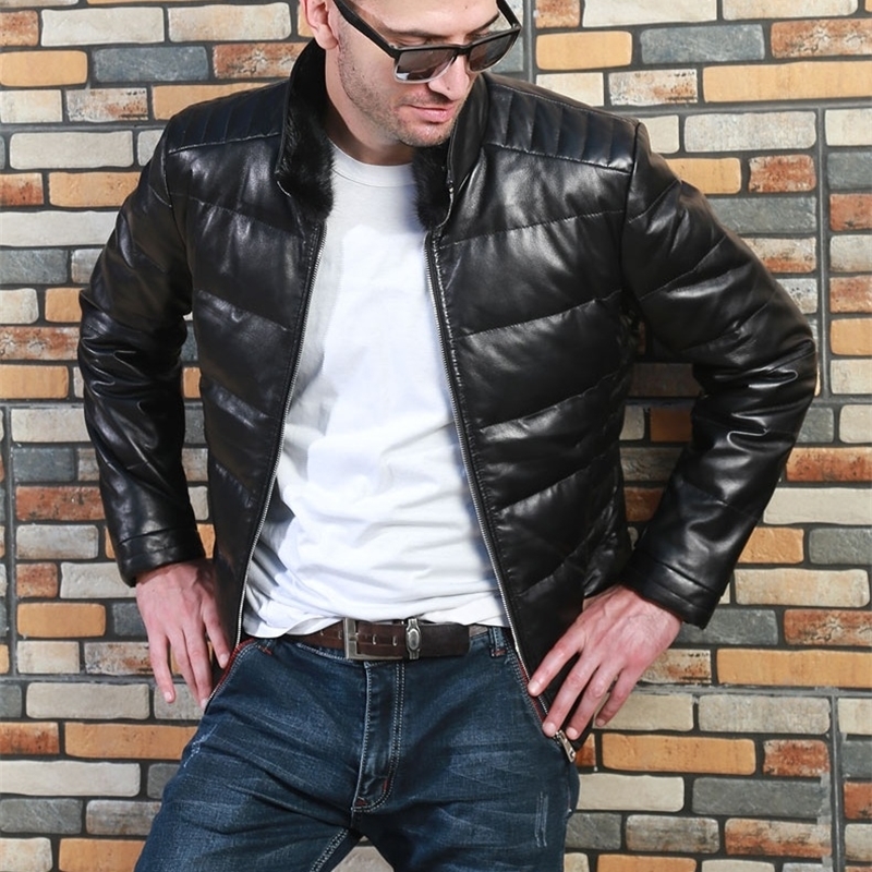 Mens winter Free warm genuine leather jacket20% white duck down coatquality soft real leather clothesMink Collar 201128