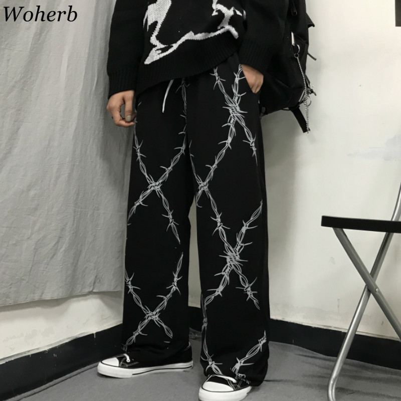 Woherb Harajuku Vintage Women Pants Print High Waist Straight Wide Leg Trousers Casual Loose Korean Fashion New Streetwear 91089 201113