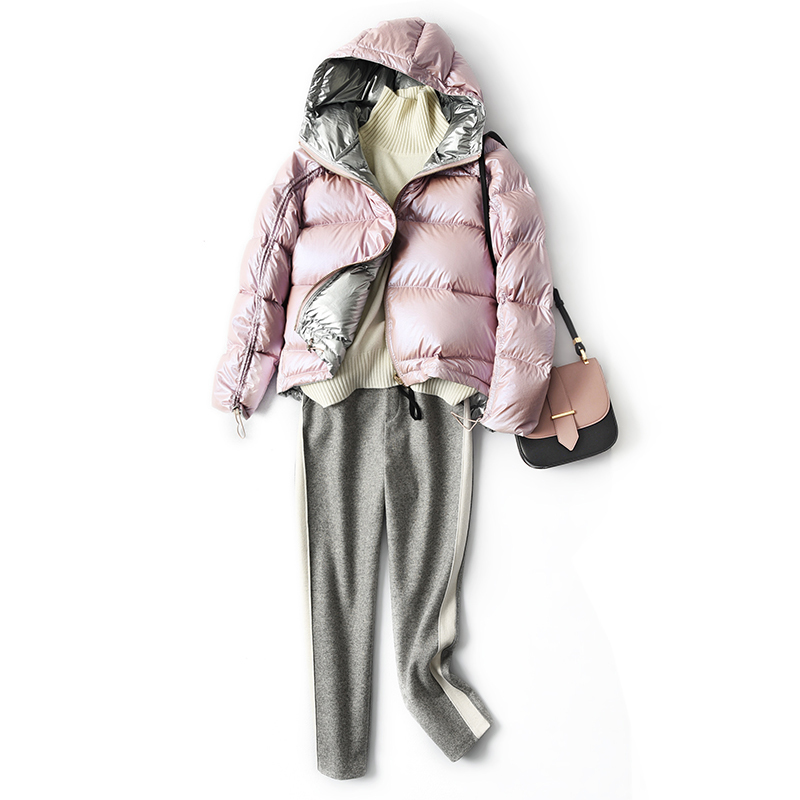 FTLZZ Silver Pink Down Coat Winter Jacket Women Hooded White Duck Down Parkas Female Loose Double Sided Waterproof Outerwear 201023