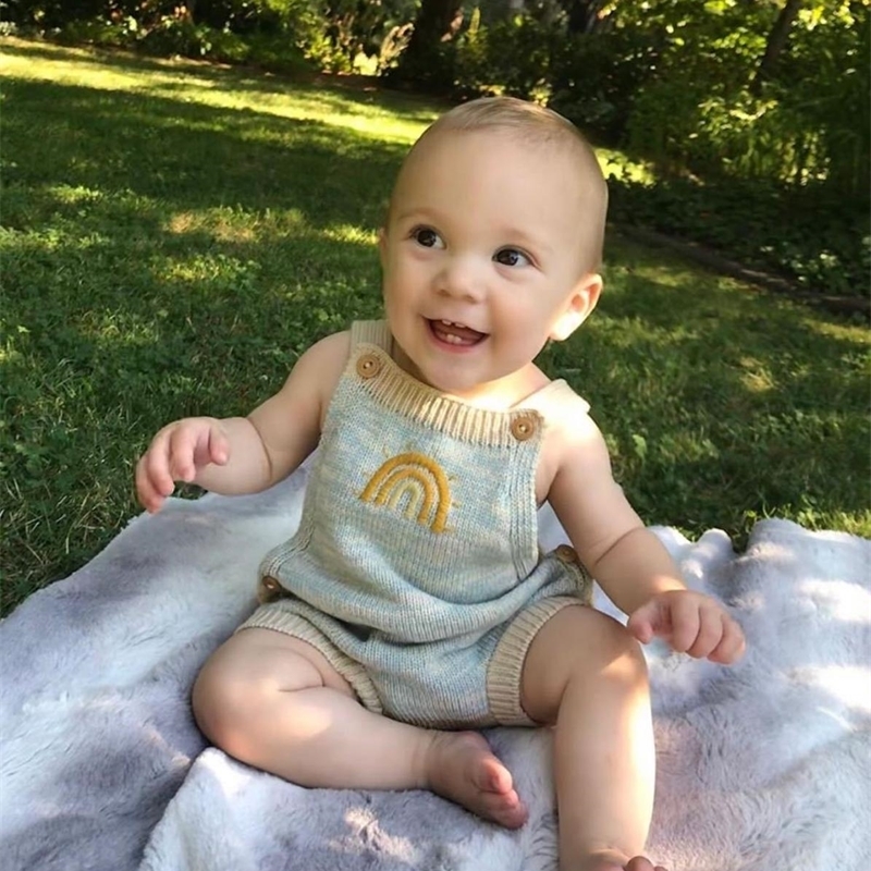 Knitted Baby Clothes Newborn Baby Romper Jumpsuit Boy Rainbow Embroidery Infant Baby Girl Romper Toddler Romper Boy Overalls 201028