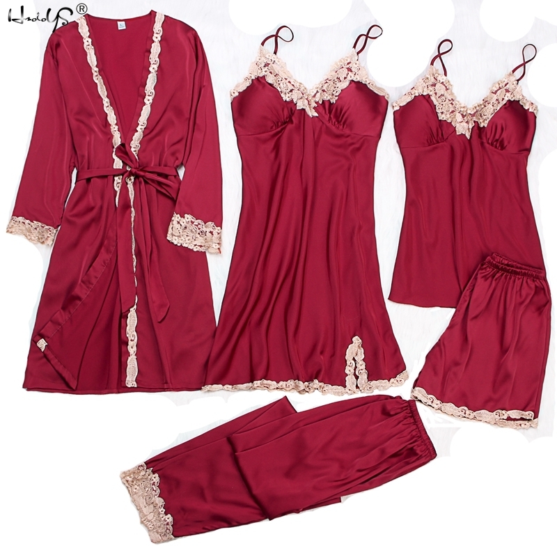 Sexy Women's Robe Gown Sets Autumn Winter 4 5 Piece Pajamas Sets Sleepwear Womens Sleep Set Faux Silk Robe Femme Lingerie 201113