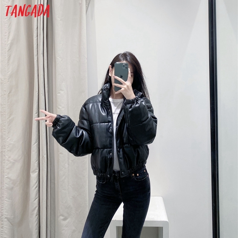 Tangada Women Black Faux Leather Oversize Parkas Thick Winter Zipper Pockets Female Warm Elegant Coat Jacket QN63 201112