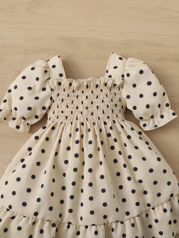 Baby Polka Dot Shirred Bodice Ruffle Hem Dress SHE