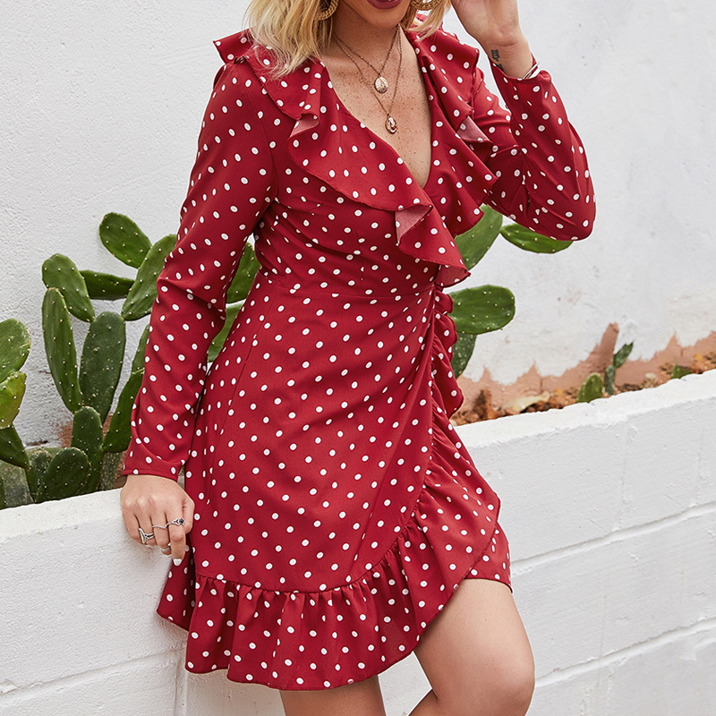 Fashion retro Polka dot long sleeve ruffled print Vneck dress womens mini dress Summer sexy beach short dress vestidos T200613