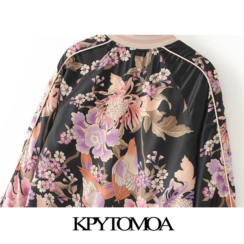 KPYTOMOA Women Boho Fashion Floral Print Bomber Jacket Vintage O Neck Long Sleeve Female Outerwear Chic Tops 201017