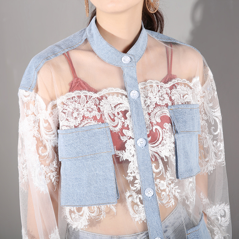 EAM Loose Fit Blue Perspective Denim Big Pocket Jacket Lapel Long Sleeve Women Coat Fashion Spring Autumn JU301 201017