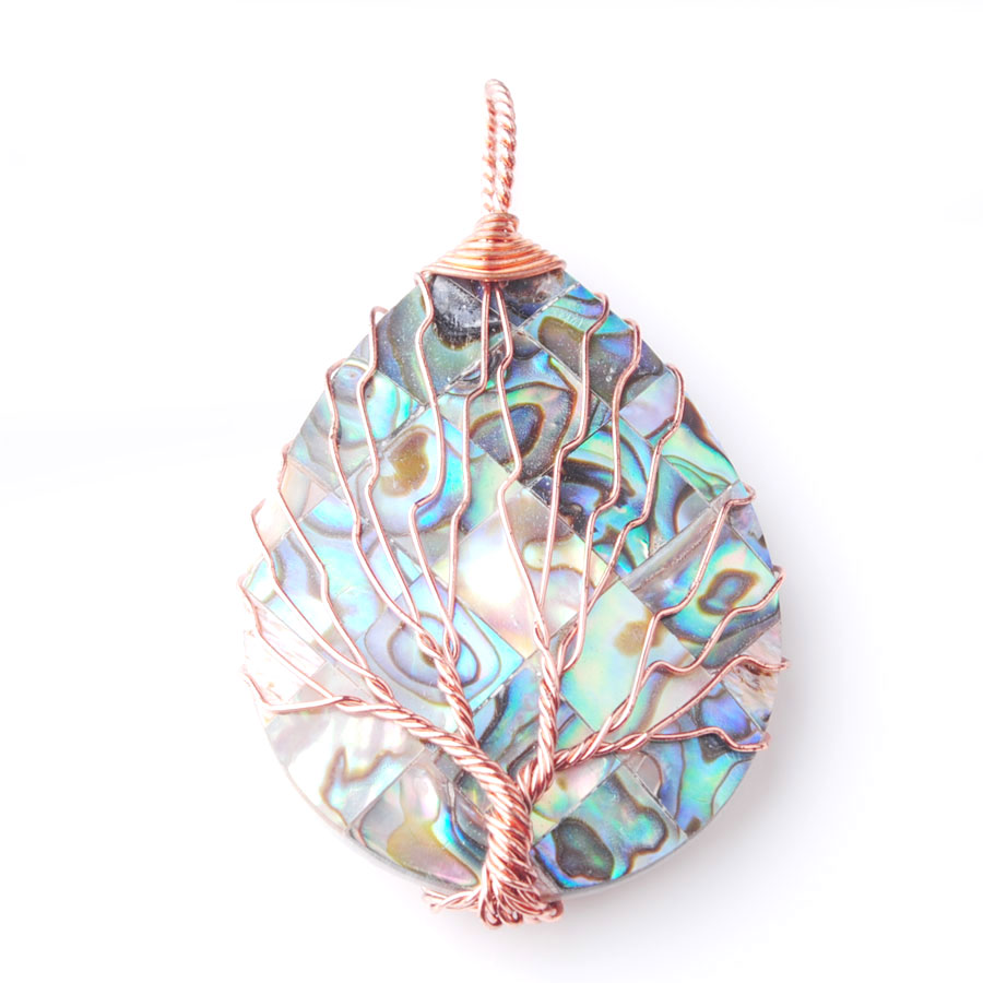 WOJIAER Tree of Life Rose Gold Wire Wrap Water Drop Bead Necklace & Pendant Natural Abalone Shell Jewelry Chain 18 Inch W9309