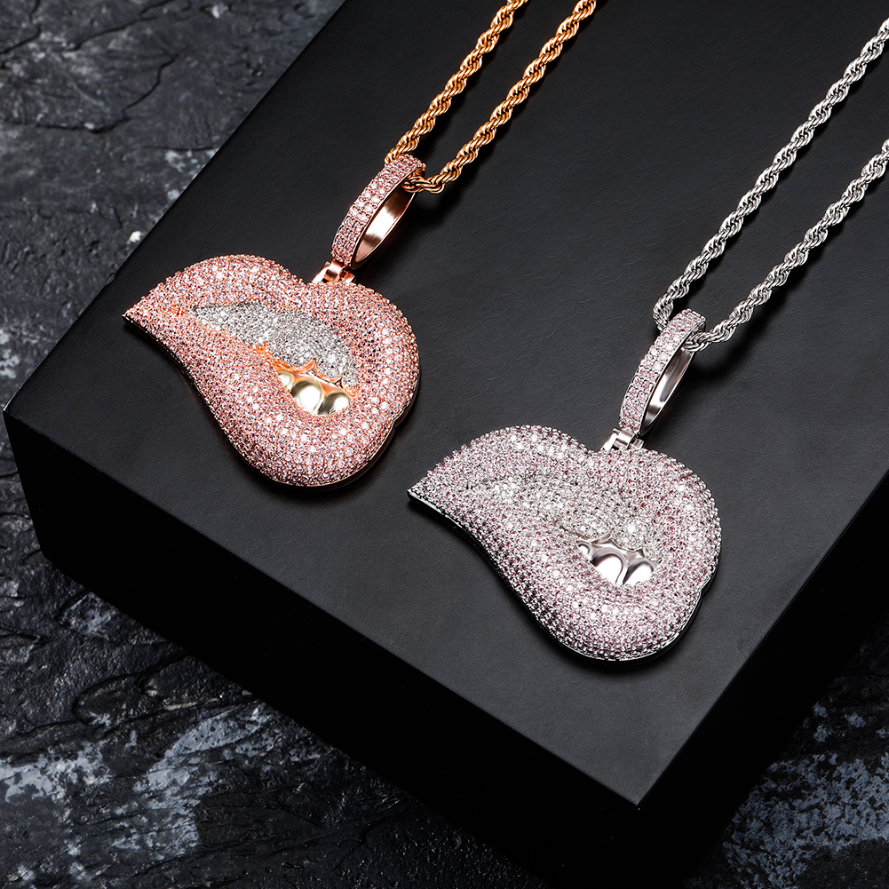 Two Tone Pink Purple Cubic Zirconia Charm Drip Lips Pendant Necklace Hip Hop Iced Out CZ Personalized Lip Jewelry Bijoux Gift for Women Girl
