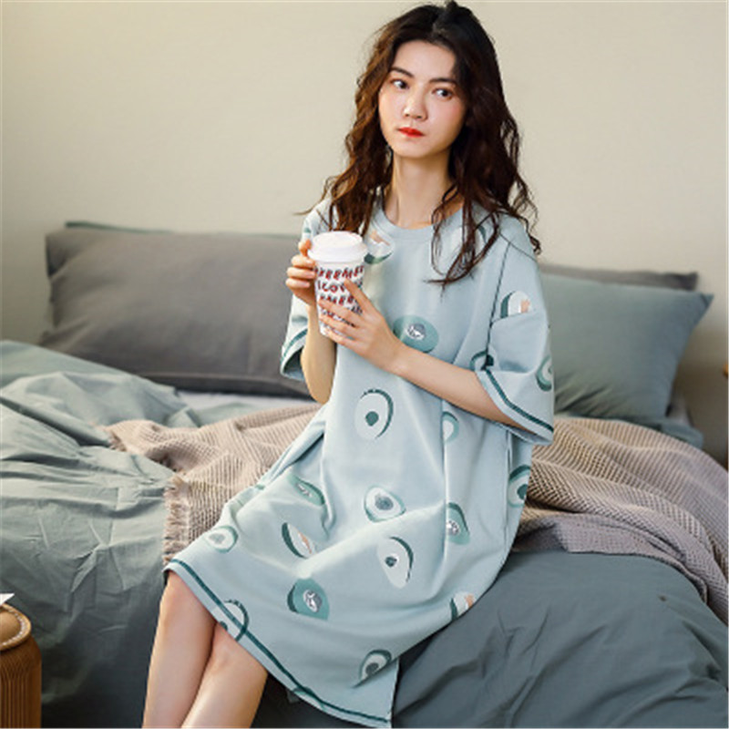 Summer Home Service Nightdress Female Cotton Shortsleeved Blue Fruit Printing Cute Cartoon Loose Nightdress For Women T200429