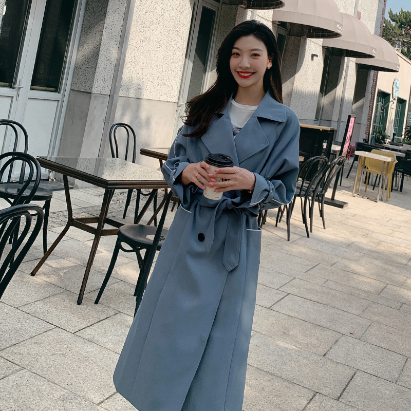 2020 autumn trend women's windbreaker Elegant Waist Belt Loose Khaki black blue Spring Long Trench coat for women outwear FY47 T200828