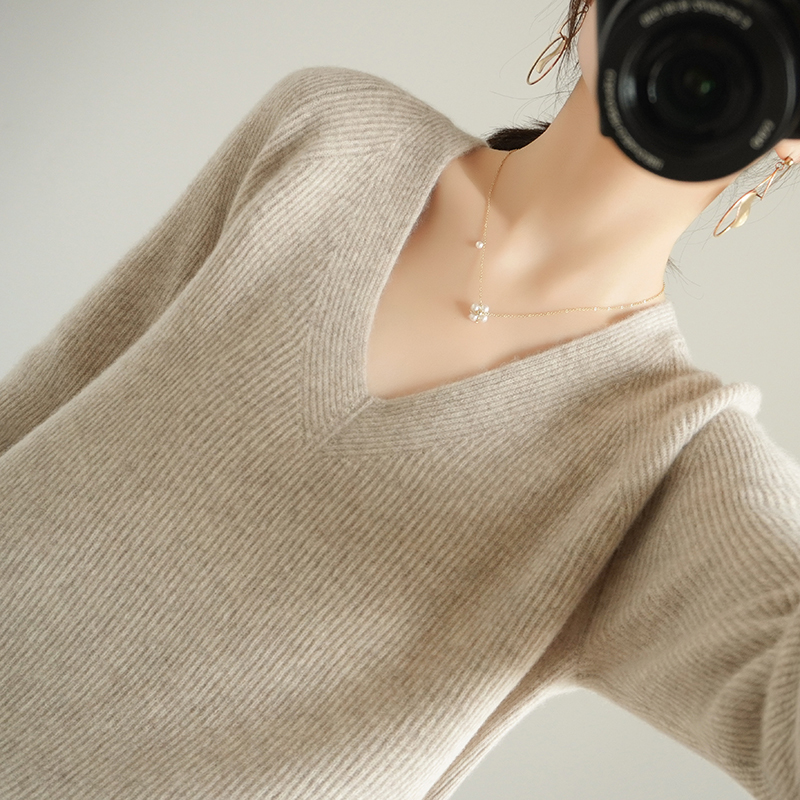 High-End Autumn Winter 100% Cashmere Sweater V- Neck Women's Female Loose Large Size Knitted Girl Clothes Tops Standard Outwear 201221