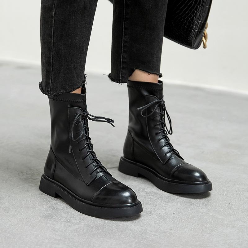 Top Qualiy Motorcycle Boots For Women Cross Tied Round Toe Low Heels Shoes Woman Autumn Winter Newest Office Party Ankle Boots, Black
