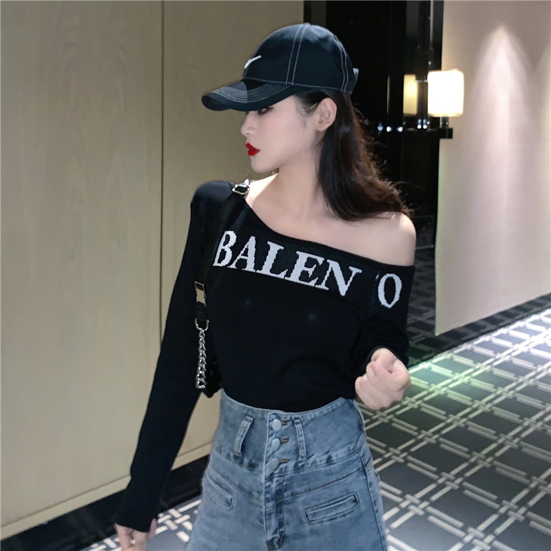 Women's Spring Autumn Knit Sweater Slim Fit Full Letter Knit Tops Sexy Slash Neck Off-Shoulder Bottoming Pullover Sweater ML721 201023