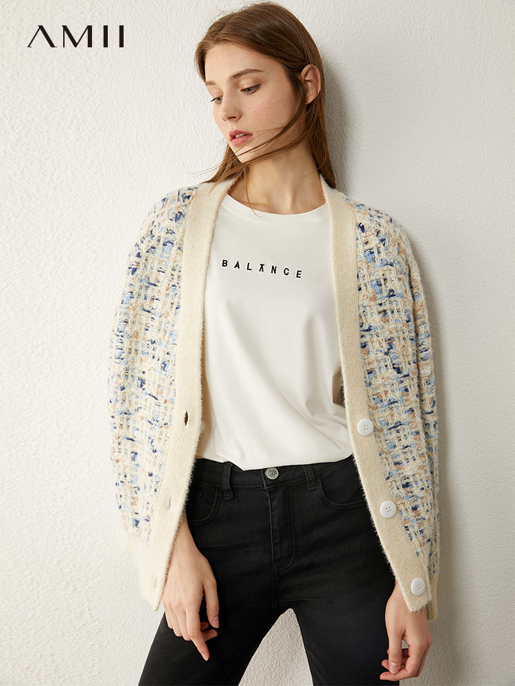 AMII Minimalism Autumn Winter Temperament Female Cardigan Causal Vneck Single-breasted Women's Sweater Cardigan Tops 12070282 201023