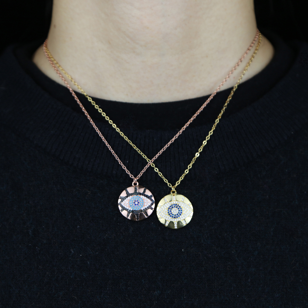 Promotion Rose Gold Geometric Trendy Lady Jewelry Engraved CZ Lucky Turkish Evil Eye Charm Round Coin Pendant Necklace wholesale