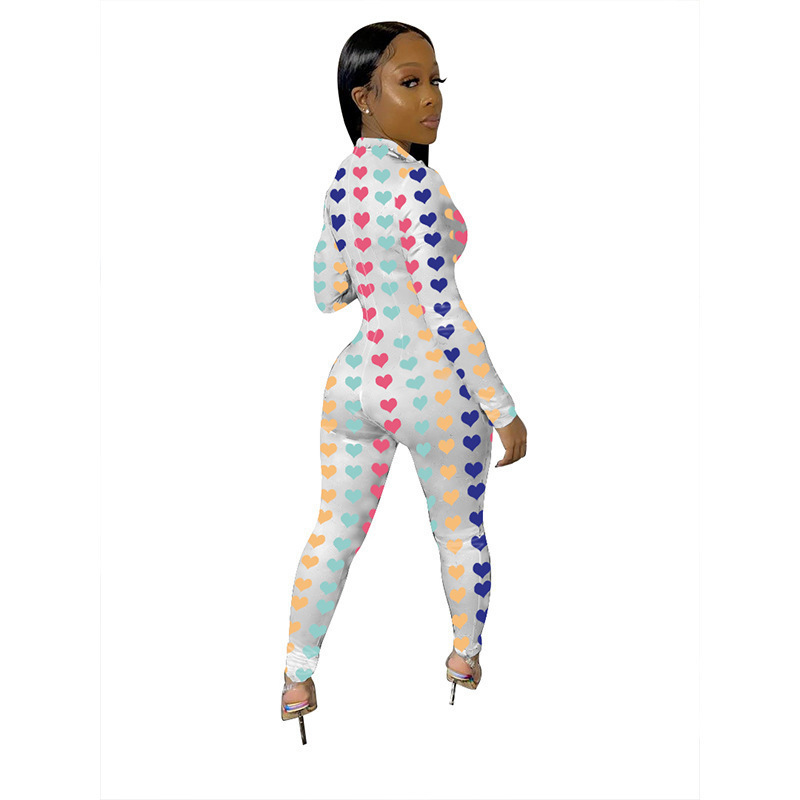 Lips Printed Sexy Skinny Overall for Women Stand Collar Zipper Front Bodycon Rompers Party Club Long Sleeve One Piece Jumpsuit T200509