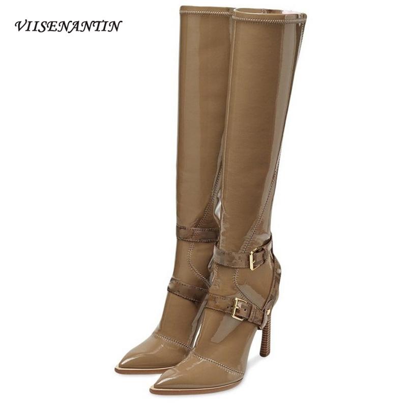 Trendy Brand Belt Buckle Pointed Toe High Heel Stretch Patent Leather Back Zipper Knee-length Boots Design for Women Black Shoes
Trendy Brand Belt Buckle Pointed Toe High Heel Stretch Patent Leather Back Zipper Knee-length Boots Design for Women Black Shoes