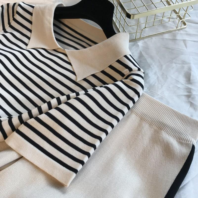 Fashion stripe patchwork knitted two peice set women turn-down collar short sleeve sweater tops+harem pants casual tracksuit 201120