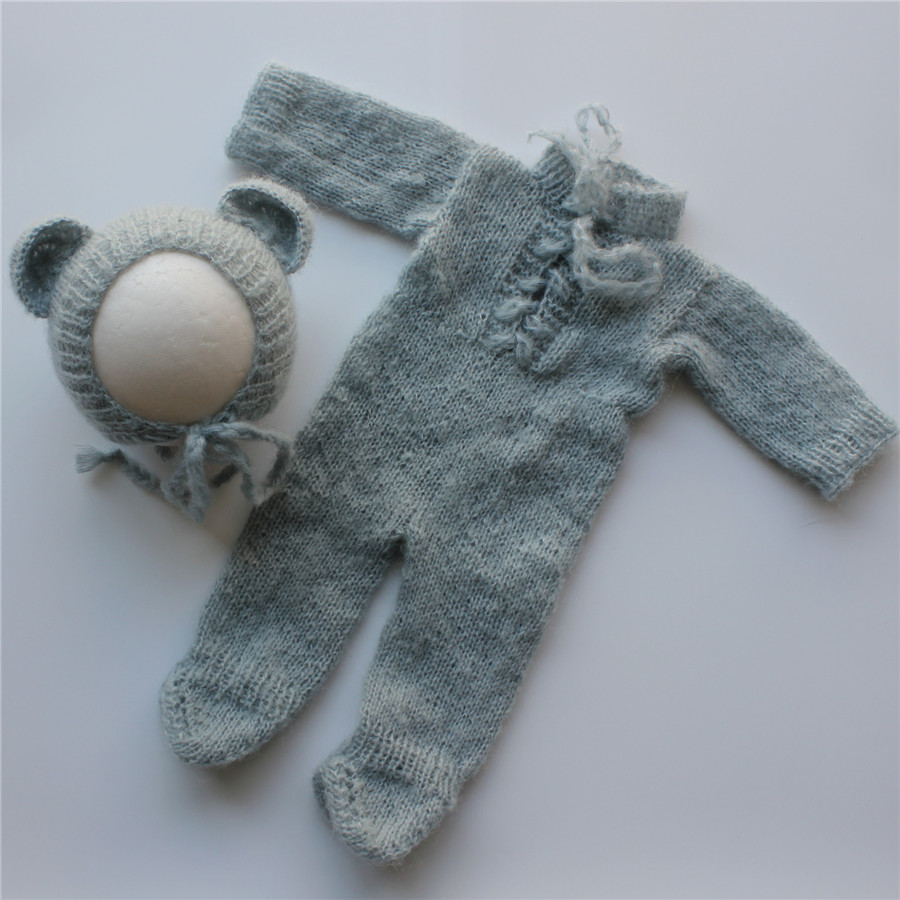Newborn Photography Outfit Newborn Onesie and Bear Hat Newborn Footed Romper with Bear Bonnet Mohair Outfit Photo Prop C1018