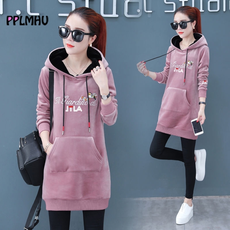 3XL plus size long sleeve velvet thicked long-lenght hoodie coat women sportwear autumn winter pullovers pocket weatshirt 201102