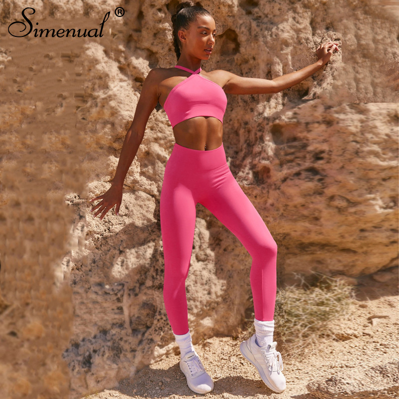 Simenual Fitness Sporty Workout Two Piece Sets Women Casual Solid Active Wear Summer Tracksuits Strap Crop Top And Leggings Set T200607