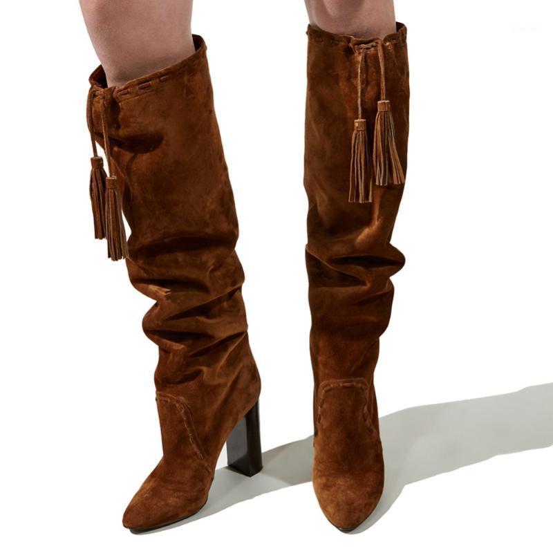 Brown Knee High Heel Boots Tassel Shoes Big Size 44 45 46 Women Shoes Winter1, As pic