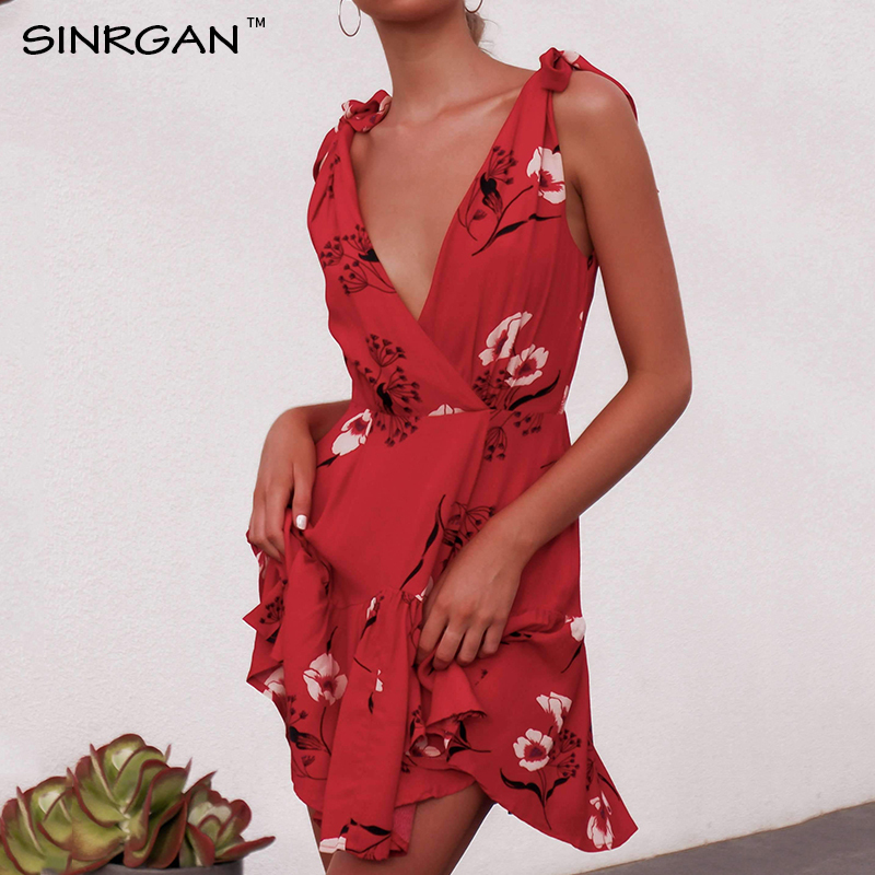 SINRGAN Sexy vneck red flower print boho women mini sundress beach summer Bow tie high waist wrap casual dresses T200604