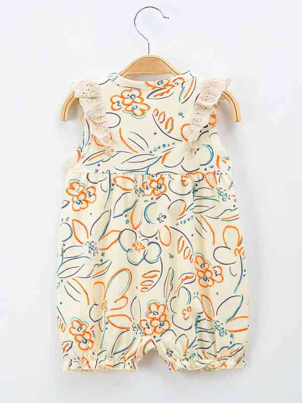 Baby Girl Double Bow Ruffle Plants Print Romper SHE