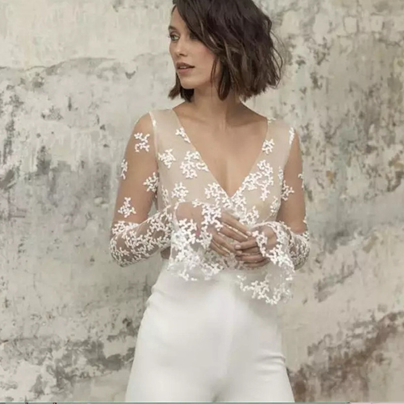 2022 Mermaid Wedding Dresses With Jumpsuit V-neck Lace Applique Jewel Wedding Dresses Sweep Train Bridal Gowns Vestidos De Novia
