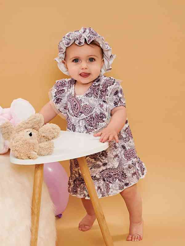 Baby Paisley Print Ruffle Trim Puff Sleeve Smock Dress & Hat SHE